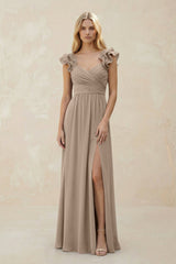 Ruffled Sleeves A-Line Chiffon Sweetheart Bridesmaid Dress in Almond | KISSBRIDAL