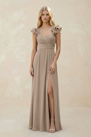 Ruffled Sleeves A-Line Chiffon Sweetheart Bridesmaid Dress in Almond | KISSBRIDAL