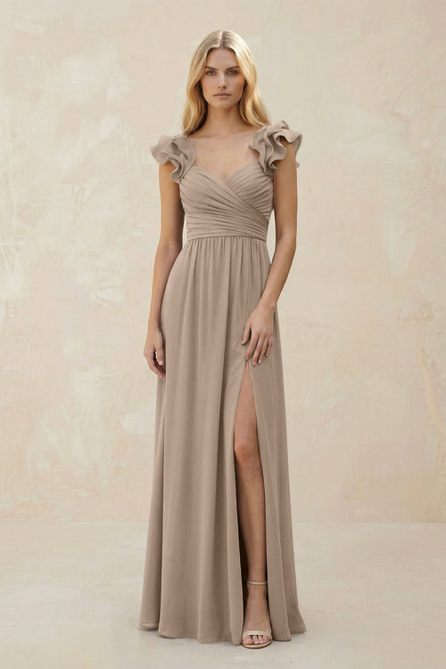 Ruffled Sleeves A-Line Chiffon Sweetheart Bridesmaid Dress in Almond | KISSBRIDAL