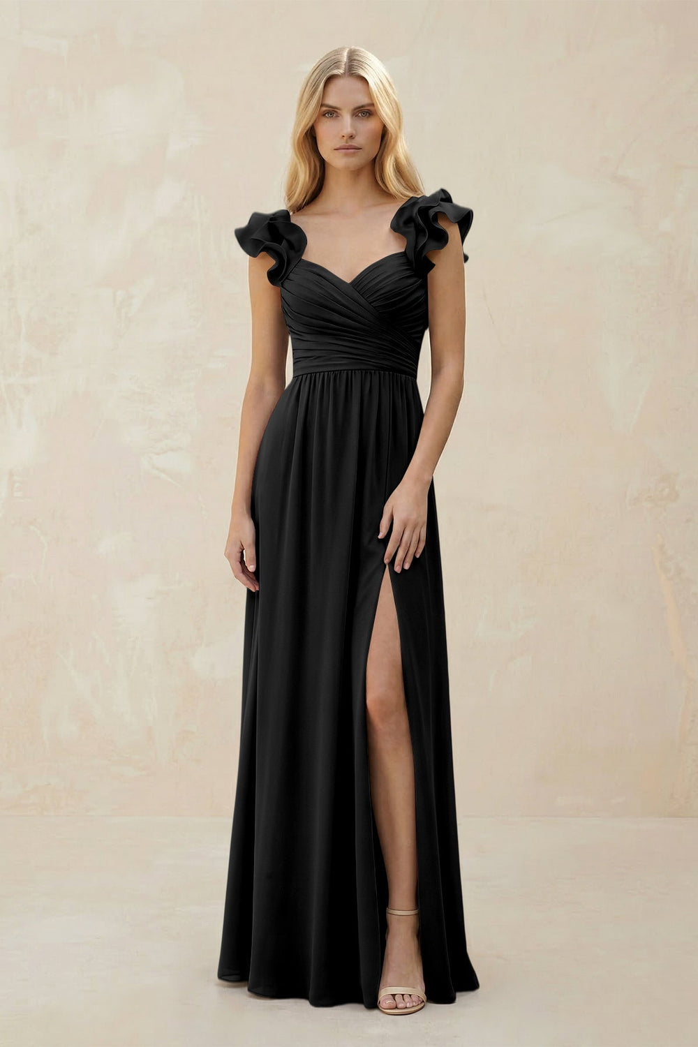 Ruffled Sleeves A-Line Chiffon Sweetheart Bridesmaid Dress in Black
