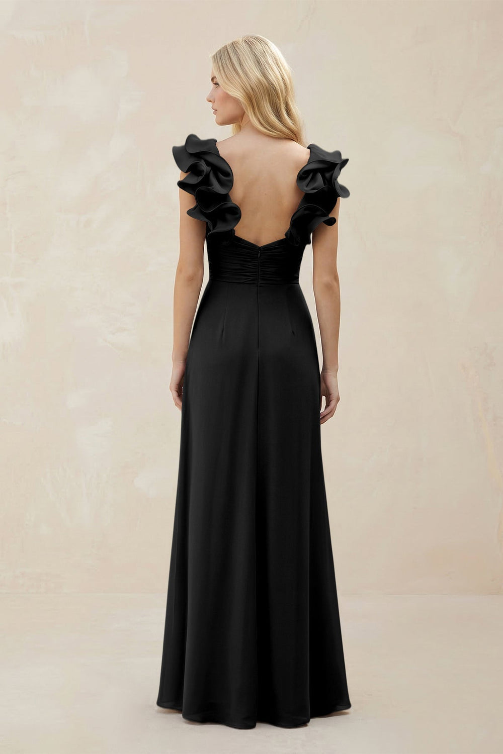 Ruffled Sleeves A-Line Chiffon Sweetheart Bridesmaid Dress in Black
