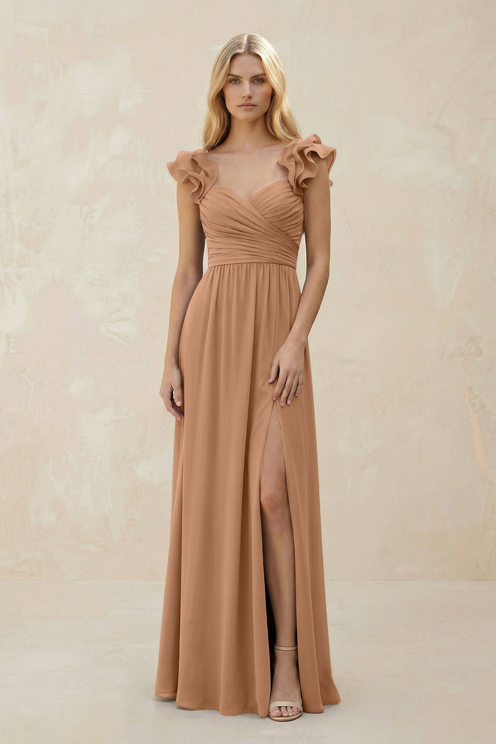 Ruffled Sleeves A-Line Chiffon Sweetheart Bridesmaid Dress in Bronzer