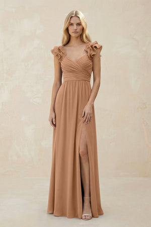 Ruffled Sleeves A - Line Chiffon Sweetheart Bridesmaid Dress in Bronzer - KISS BRIDAL Bridesmaid Dresses