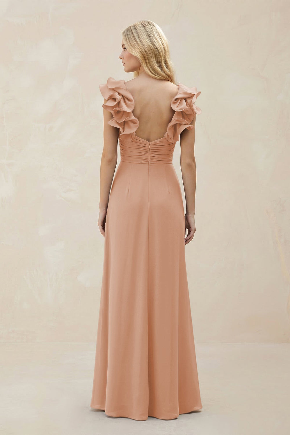 Ruffled Sleeves A-Line Chiffon Sweetheart Bridesmaid Dress in Champagne Rose