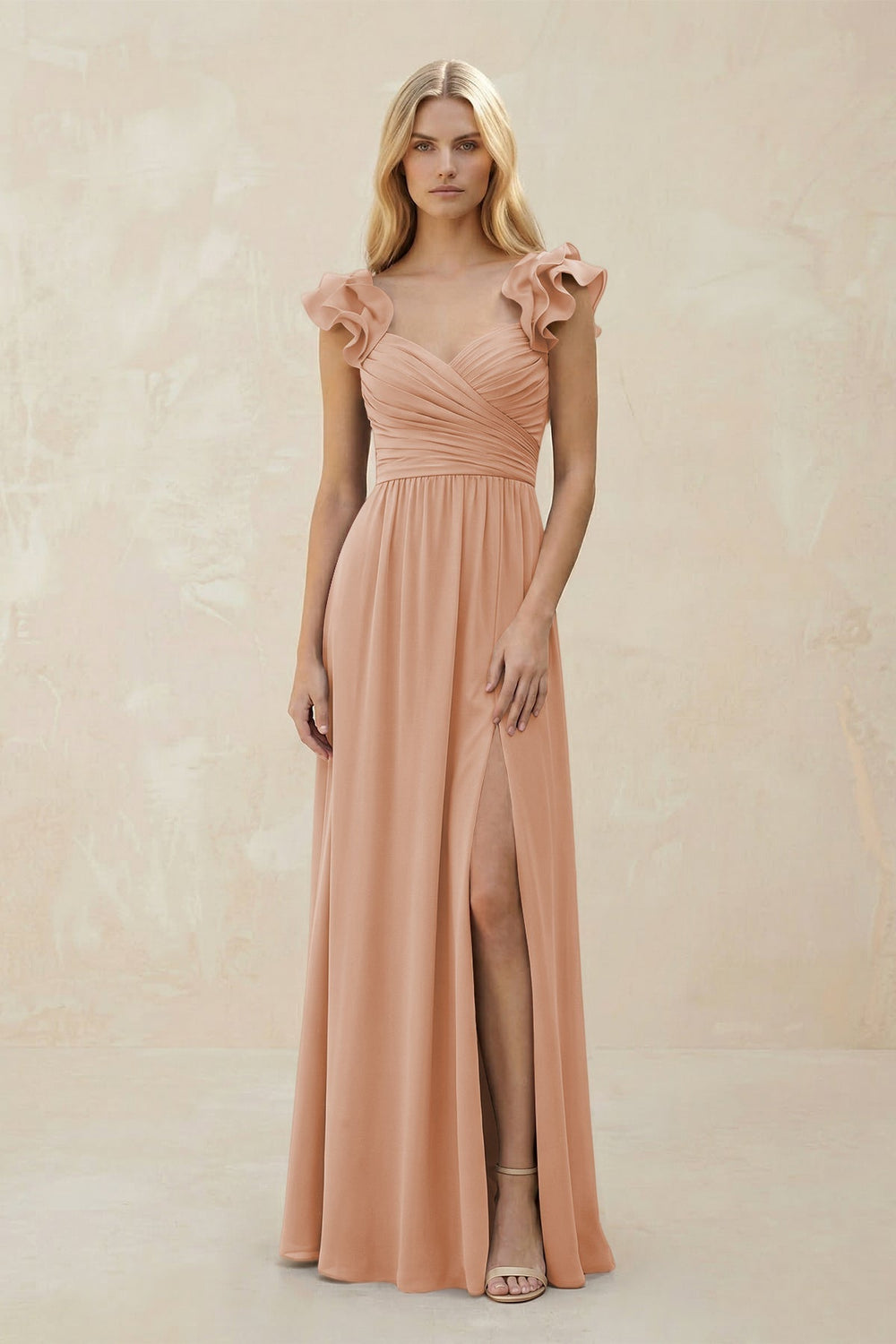 Ruffled Sleeves A-Line Chiffon Sweetheart Bridesmaid Dress in Champagne Rose