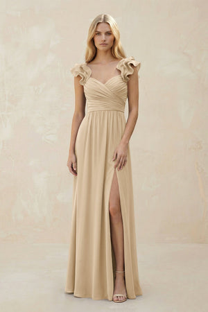 Ruffled Sleeves A-Line Chiffon Sweetheart Bridesmaid Dress in Champagne | KISSBRIDAL