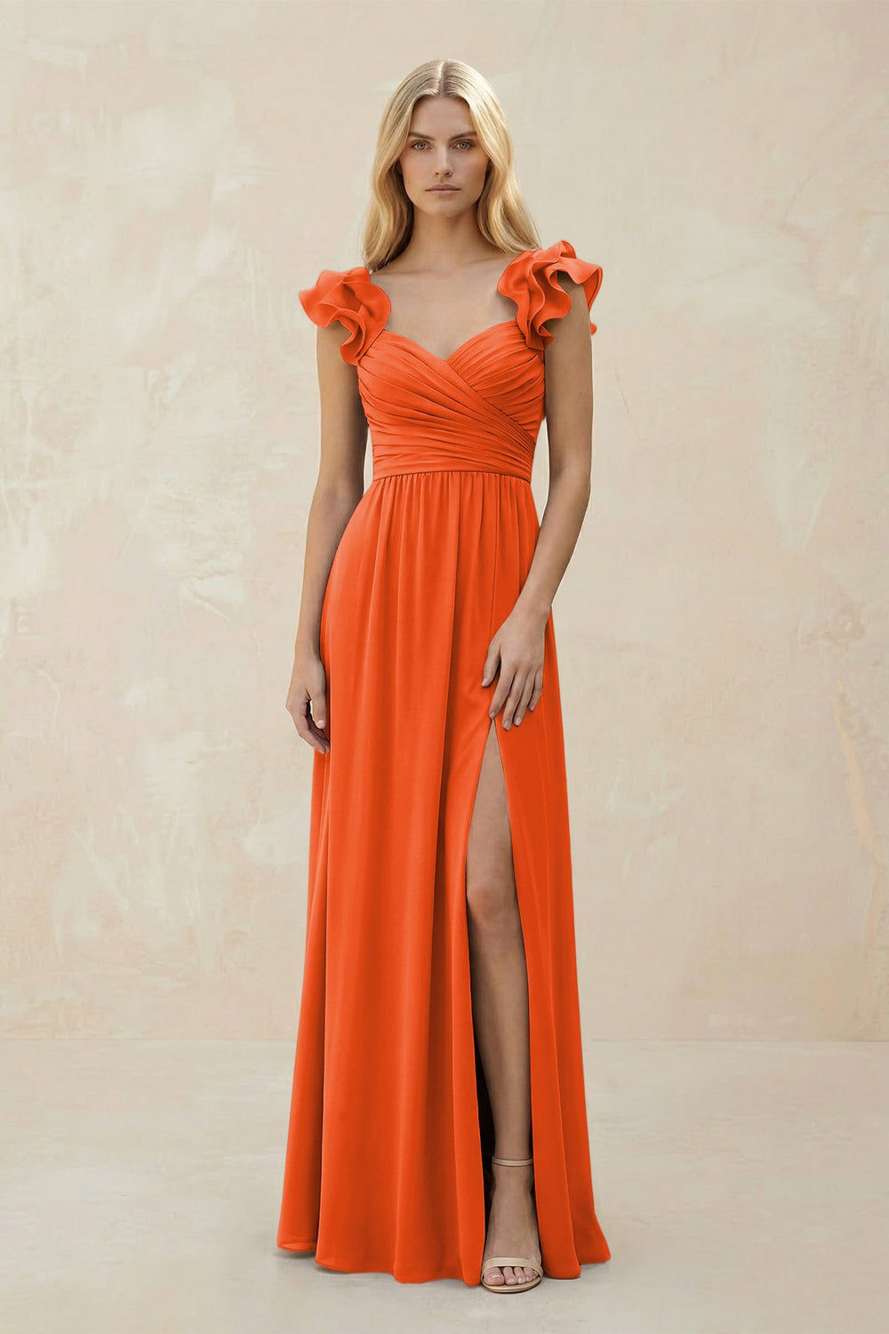 Ruffled Sleeves A-Line Chiffon Sweetheart Bridesmaid Dress in Cinnamon