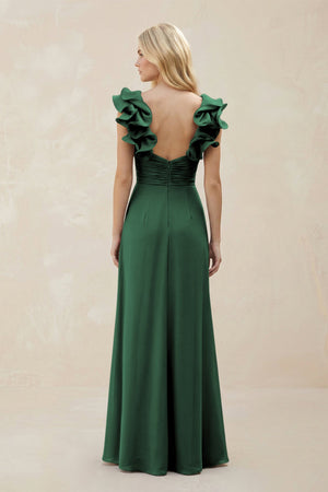 Ruffled Sleeves A-Line Chiffon Sweetheart Bridesmaid Dress in Dark Green (2) | KISSBRIDAL