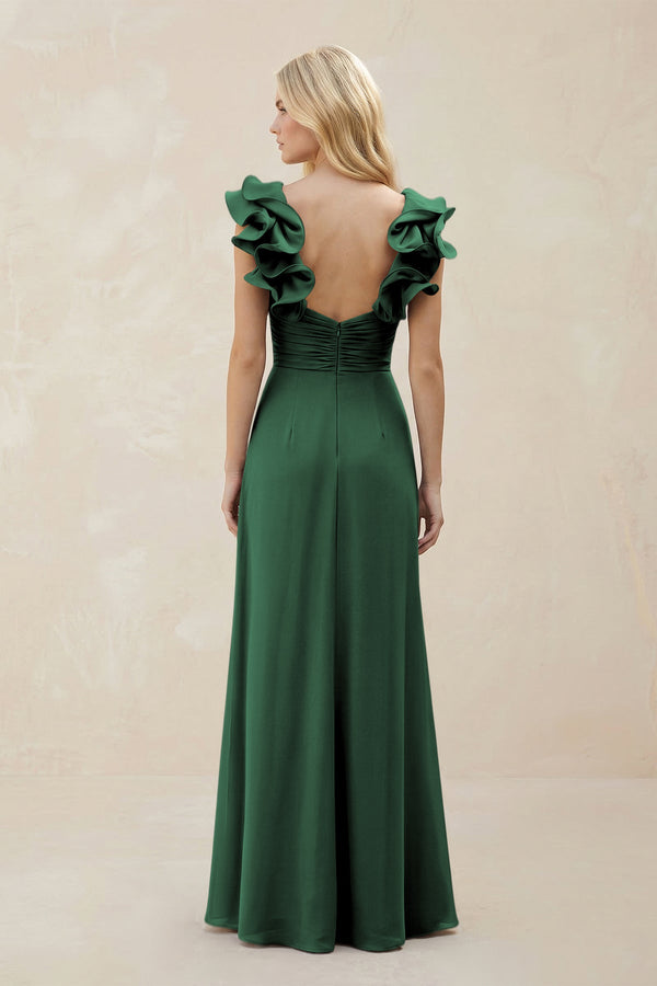 Ruffled Sleeves A-Line Chiffon Sweetheart Bridesmaid Dress in Dark Green (2) | KISSBRIDAL