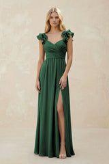 Ruffled Sleeves A-Line Chiffon Sweetheart Bridesmaid Dress in Dark Green | KISSBRIDAL
