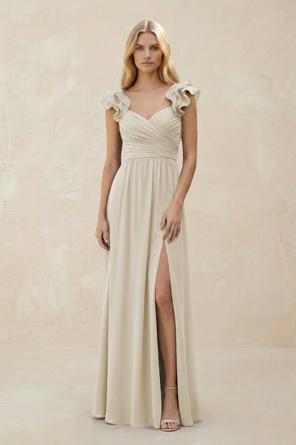 Ruffled Sleeves A-Line Chiffon Sweetheart Bridesmaid Dress in Dove Gray