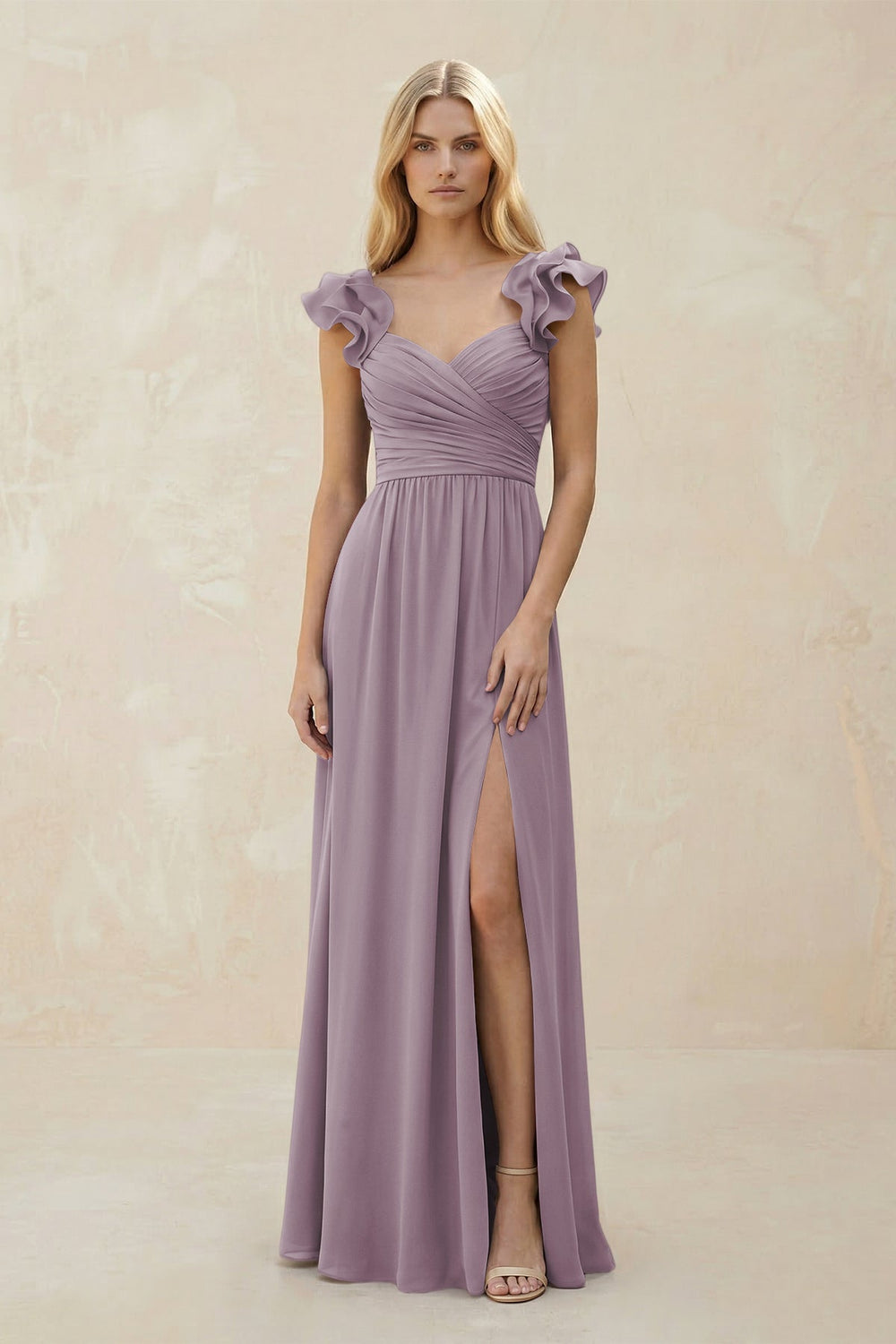 Ruffled Sleeves A-Line Chiffon Sweetheart Bridesmaid Dress in Dusk