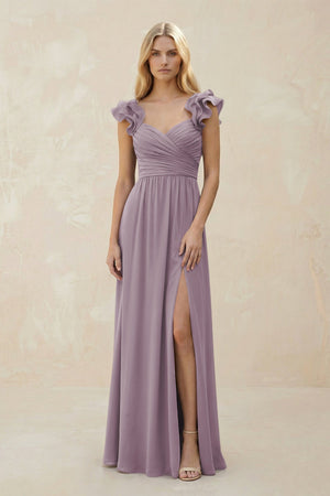 Ruffled Sleeves A-Line Chiffon Sweetheart Bridesmaid Dress in Dusk | KISSBRIDAL