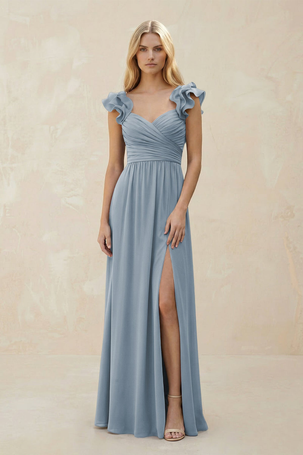 Ruffled Sleeves A-Line Chiffon Sweetheart Bridesmaid Dress in Dusty Blue