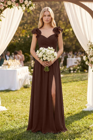 Ruffled Sleeves A - Line Chiffon Sweetheart Bridesmaid Dress in Espresso - KISS BRIDAL Bridesmaid Dresses