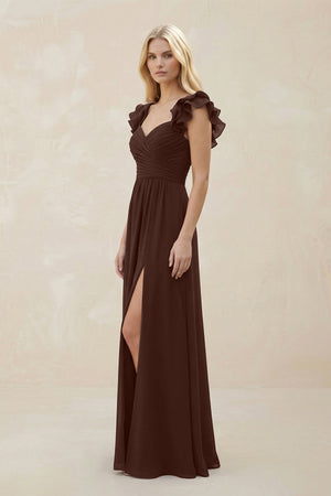 Ruffled Sleeves A - Line Chiffon Sweetheart Bridesmaid Dress in Espresso - KISS BRIDAL Bridesmaid Dresses