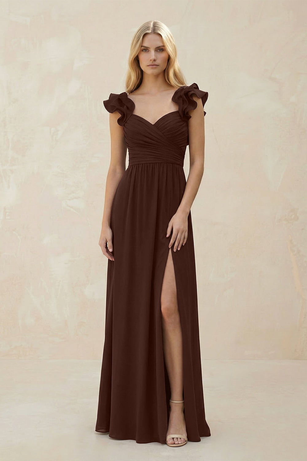 Ruffled Sleeves A-Line Chiffon Sweetheart Bridesmaid Dress in Espresso