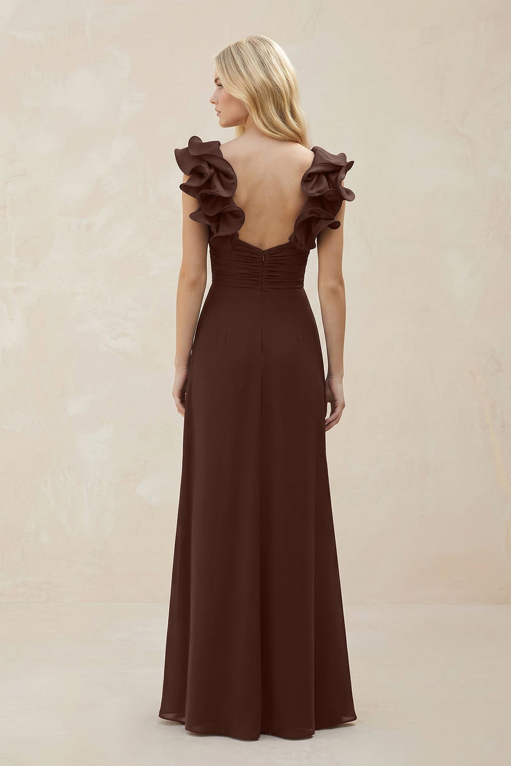 Ruffled Sleeves A-Line Chiffon Sweetheart Bridesmaid Dress in Espresso