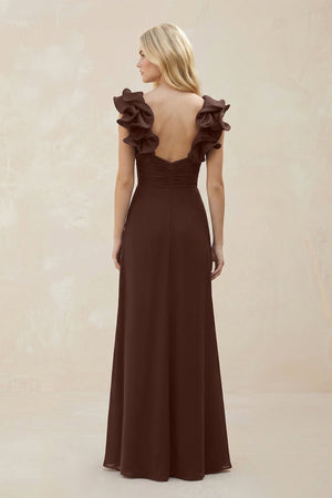 Ruffled Sleeves A - Line Chiffon Sweetheart Bridesmaid Dress in Espresso - KISS BRIDAL Bridesmaid Dresses