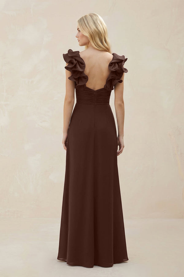 Ruffled Sleeves A - Line Chiffon Sweetheart Bridesmaid Dress in Espresso - KISS BRIDAL Bridesmaid Dresses