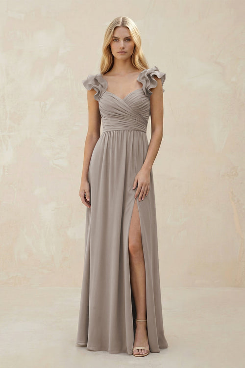Ruffled Sleeves A-Line Chiffon Sweetheart Bridesmaid Dress in Frost | KISSBRIDAL