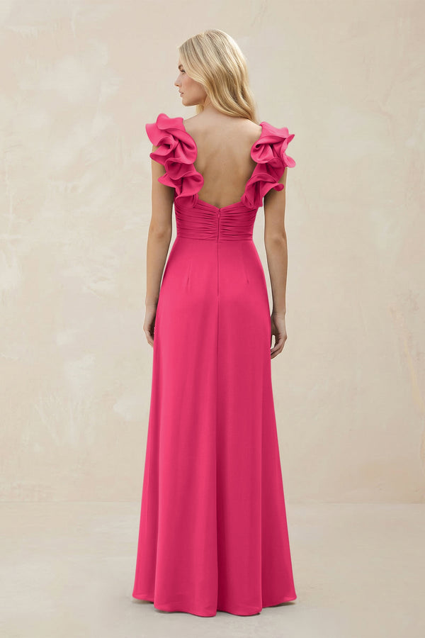 Ruffled Sleeves A-Line Chiffon Sweetheart Bridesmaid Dress in Fuchsia (2) | KISSBRIDAL