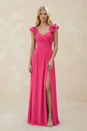 Ruffled Sleeves A-Line Chiffon Sweetheart Bridesmaid Dress in Fuchsia | KISSBRIDAL