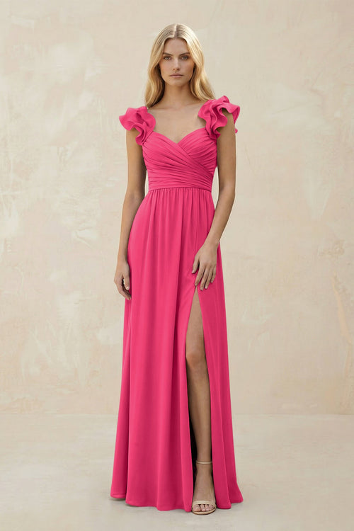 Ruffled Sleeves A-Line Chiffon Sweetheart Bridesmaid Dress in Fuchsia | KISSBRIDAL