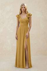 Ruffled Sleeves A-Line Chiffon Sweetheart Bridesmaid Dress in Marigold | KISSBRIDAL