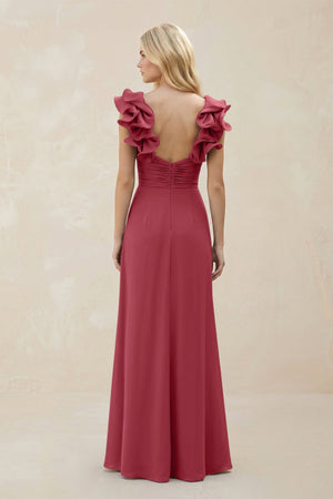 Ruffled Sleeves A-Line Chiffon Sweetheart Bridesmaid Dress in Merlot (2) | KISSBRIDAL