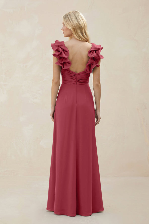 Ruffled Sleeves A-Line Chiffon Sweetheart Bridesmaid Dress in Merlot (2) | KISSBRIDAL