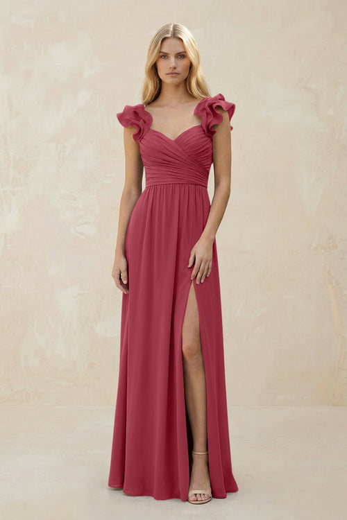Ruffled Sleeves A-Line Chiffon Sweetheart Bridesmaid Dress in Merlot | KISSBRIDAL