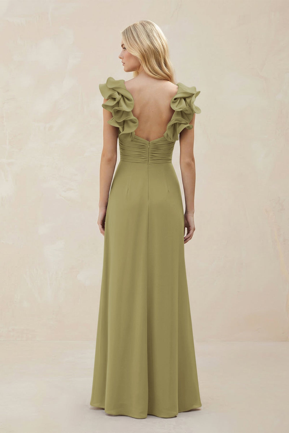 Ruffled Sleeves A-Line Chiffon Sweetheart Bridesmaid Dress in Moss Green