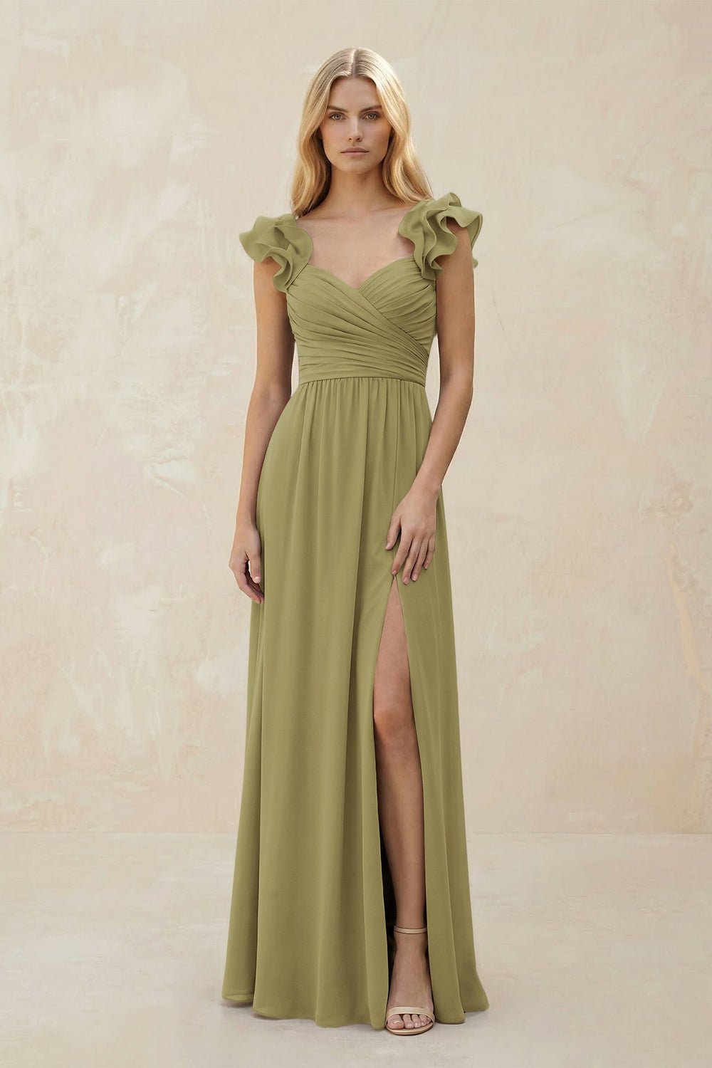 Ruffled Sleeves A-Line Chiffon Sweetheart Bridesmaid Dress in Moss Green