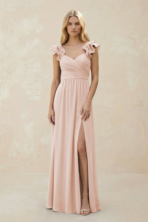 Ruffled Sleeves A - Line Chiffon Sweetheart Bridesmaid Dress in Pale Blush - KISS BRIDAL Bridesmaid Dresses