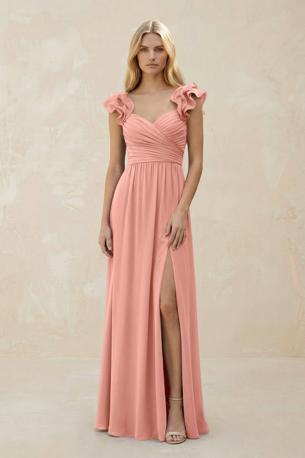 Ruffled Sleeves A-Line Chiffon Sweetheart Bridesmaid Dress in Rosette