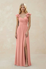 Ruffled Sleeves A-Line Chiffon Sweetheart Bridesmaid Dress in Rosette | KISSBRIDAL
