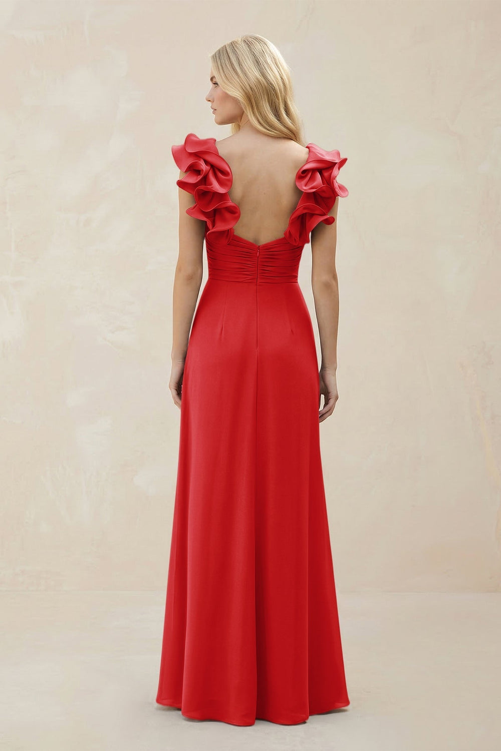 Ruffled Sleeves A-Line Chiffon Sweetheart Bridesmaid Dress in Ruby Red