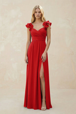 Ruffled Sleeves A - Line Chiffon Sweetheart Bridesmaid Dress in Ruby Red - KISS BRIDAL Bridesmaid Dresses