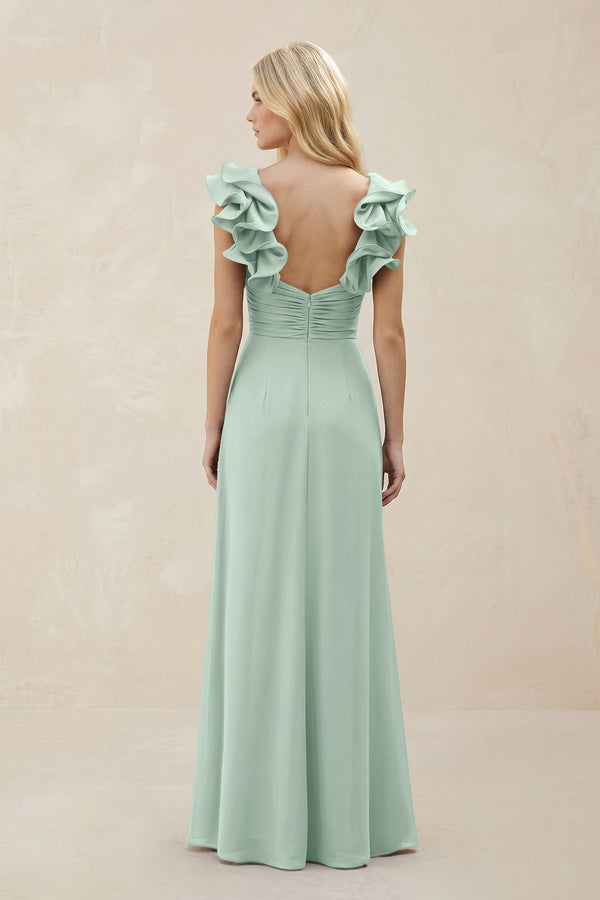 Ruffled Sleeves A-Line Chiffon Sweetheart Bridesmaid Dress in Sage (2) | KISSBRIDAL