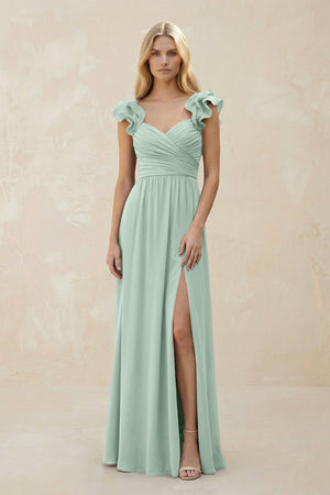 Ruffled Sleeves A-Line Chiffon Sweetheart Bridesmaid Dress in Sage | KISSBRIDAL