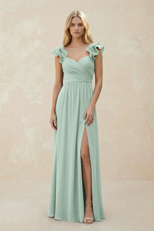 Ruffled Sleeves A-Line Chiffon Sweetheart Bridesmaid Dress in Sage | KISSBRIDAL