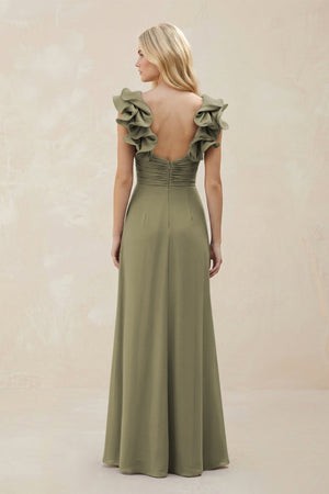Ruffled Sleeves A-Line Chiffon Sweetheart Bridesmaid Dress in Thyme (2) | KISSBRIDAL