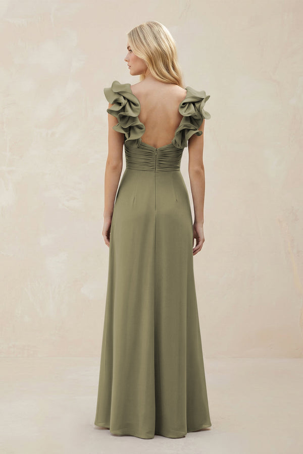 Ruffled Sleeves A-Line Chiffon Sweetheart Bridesmaid Dress in Thyme (2) | KISSBRIDAL