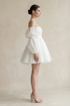 Ruffled Sleeves A - Line Tulle Mini Wedding Dress in White - KISS BRIDAL Wedding Dresses