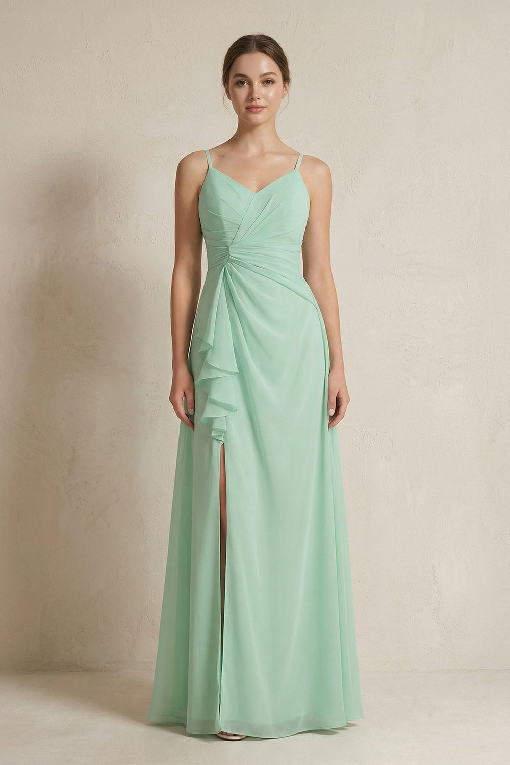 A-Line Ruffled Spaghetti Strap Chiffon Bridesmaid Dress in Pale Pistachio