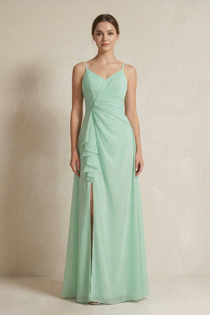 A-Line Ruffled Spaghetti Strap Chiffon Bridesmaid Dress in Pale Pistachio - KISS BRIDAL BRIDESMAID DRESSES