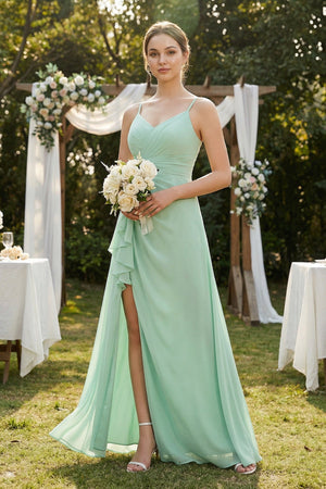 A-Line Ruffled Spaghetti Strap Chiffon Bridesmaid Dress in Pale Pistachio - KISS BRIDAL BRIDESMAID DRESSES