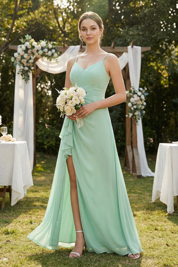 A-Line Ruffled Spaghetti Strap Chiffon Bridesmaid Dress in Pale Pistachio - KISS BRIDAL BRIDESMAID DRESSES