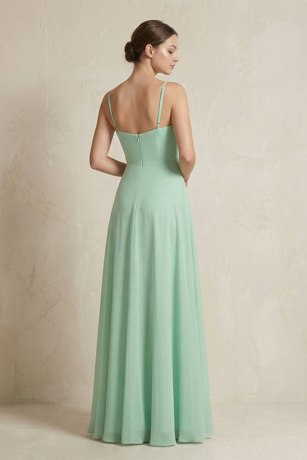 A-Line Ruffled Spaghetti Strap Chiffon Bridesmaid Dress in Pale Pistachio